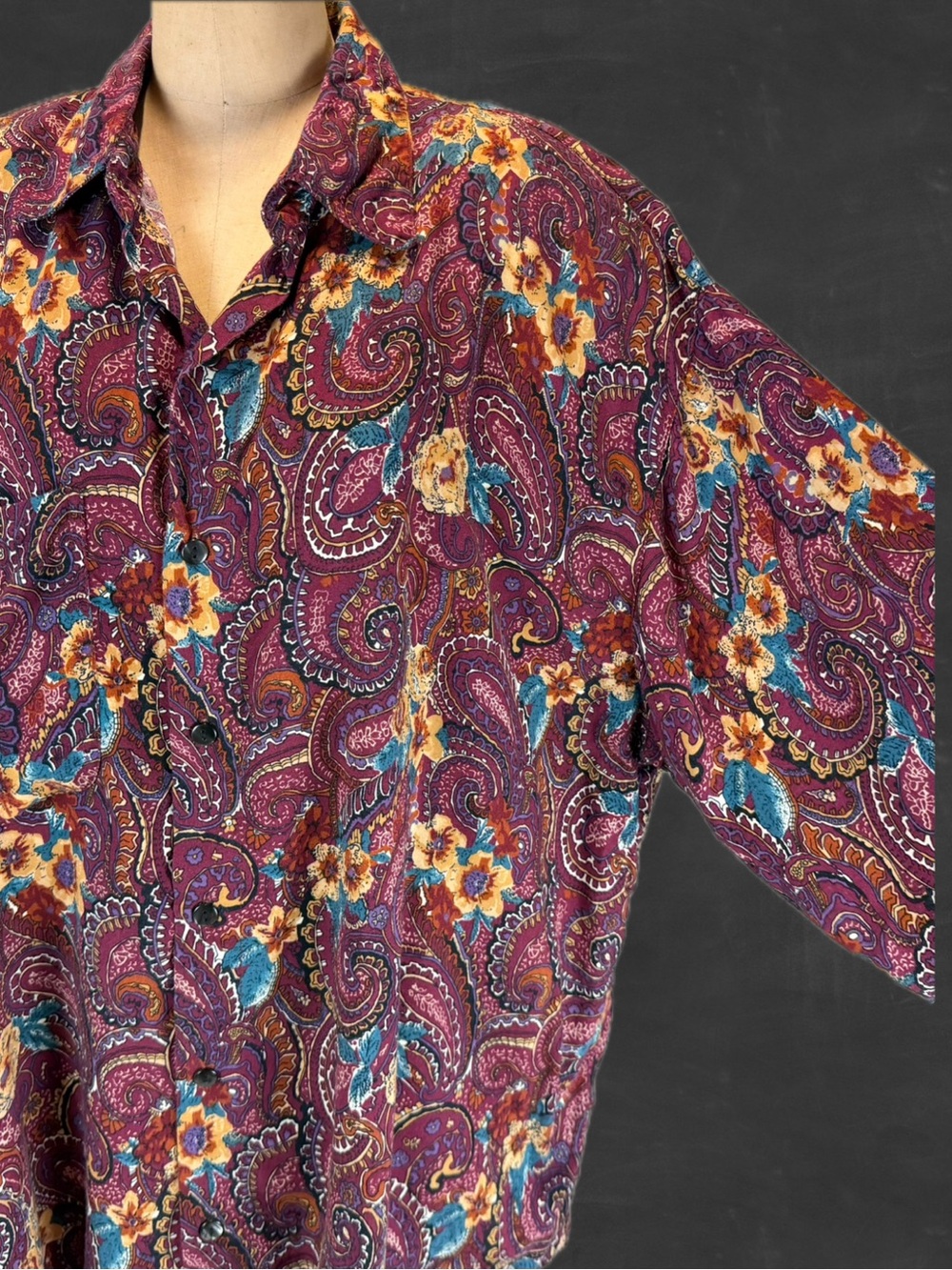 VINTAGE moody paisley floral dark purple button down blouse shirt balloon sleeve